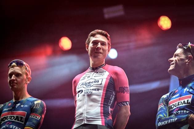 Belgian Tim Merlier of Soudal Quick-Step, Belgian Jasper Philipsen of Alpecin-Premier Tech and Belgian Jasper Stuyven of Soudal Quick-Step pictured on the podium after the Natourcriterium Herentals cycling race, Thursday 30 July 2026 in Herentals. The contest is a part of the traditional criteriums , local races in which mainly cyclists who rode the Tour de France compete. ELIASxROM  x182429475x