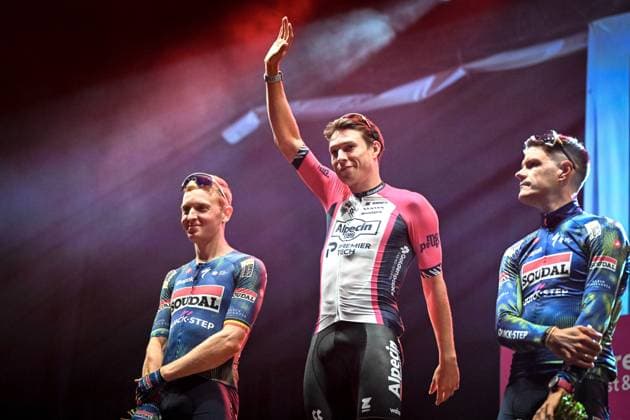Belgian Tim Merlier of Soudal Quick-Step, Belgian Jasper Philipsen of Alpecin-Premier Tech and Belgian Jasper Stuyven of Soudal Quick-Step pictured on the podium after the Natourcriterium Herentals cycling race, Thursday 30 July 2026 in Herentals. The contest is a part of the traditional criteriums , local races in which mainly cyclists who rode the Tour de France compete. ELIASxROM  x182429476x