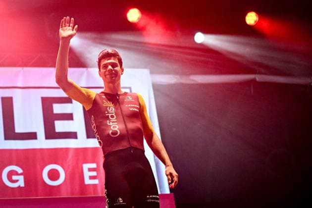Belgian Milan Fretin of Cofidis celebrates on the podium after winning the sprint ranking of the Natourcriterium Herentals cycling race, Thursday 30 July 2026 in Herentals. The contest is a part of the traditional criteriums , local races in which mainly cyclists who rode the Tour de France compete. ELIASxROM  x182429758x