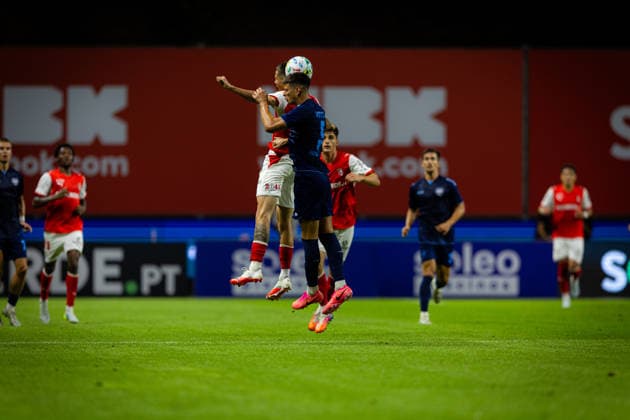 Denis HuseinbaÅ¡iÄ‡ and Nemanja Vidojevic seen during UEFA Conference League qualifying game between teams of SC Braga and FK Zeleznicar Pancevo (Luis Santos Ball Raw Images) Braga Estadio Municipal de Braga Portugal Copyright: xLuisxSantosx luissantos_braga_zeleznicar_2627_77