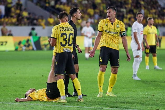 Katowice 30.07.2026. Pilka nozna Liga Konferencji UEFA sezon 2025 2026 runda 2 mecz: GKS Katowice - MSK Zilina --- Football UEFA Conference League season 2025 2026 round 2 match: GKS Katowice - MSK Zilina nz Alan Czerwinski, Arkadiusz Jedrych Fot. Kacper Staniec NEWSPIX.PL --- newspix.pl POLAND OUT! 
