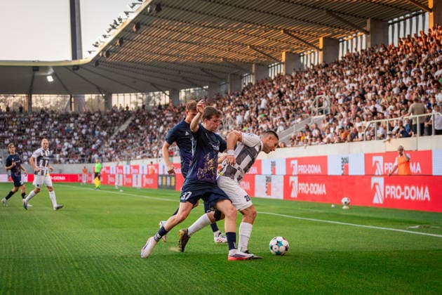 HRADEC KRALOVE - TROMSO Jakub Kucera of Hradec and Sander Innvaer of Tromso during the second leg of second qualifying round of UEFA Europa league football match between FC Hradec Kralove and Tromso IL at the Malsovicka Arena Stadium. Hradec Kralove, Czechia, July 30, 2026. Photo by Branislav Racko Copyright: xx _BRR6995