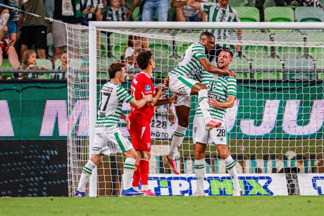 BUDAPEST, HUNGARY - JULY 30: Toon Raemaekers of Ferencvaros celebrates with Lenny Joseph of Ferencvaros after scoring his teams first goal during the UEFA Europa League 2026 27 Second Qualifying Round Second Leg match between Ferencvaros and FC Twente at Groupama Arena on July 30, 2026 in Budapest, Hungary.  Copyright: xMTB-Photo MB-Mediax