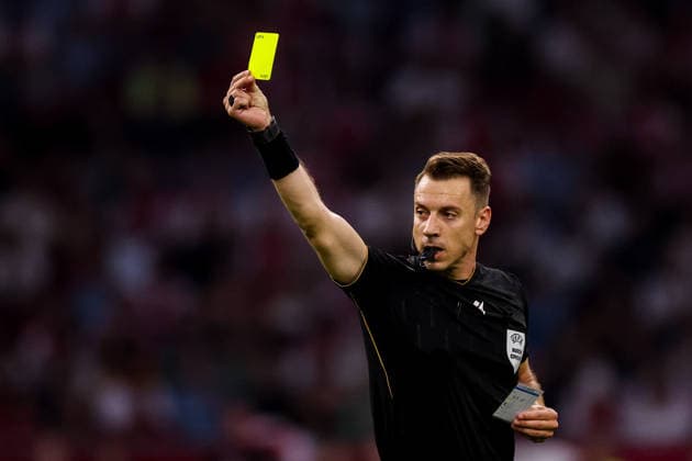 AMSTERDAM, NETHERLANDS - JULY 30: referee Christos Vergetis shows a yellow card during the UEFA Conference League 2026 27 second qualifying round second leg match between AFC Ajax and at Johan Cruijff Arena on July 30, 2026 in Amsterdam, Netherlands.  Copyright: xRenexNijhuis MBxMediax
