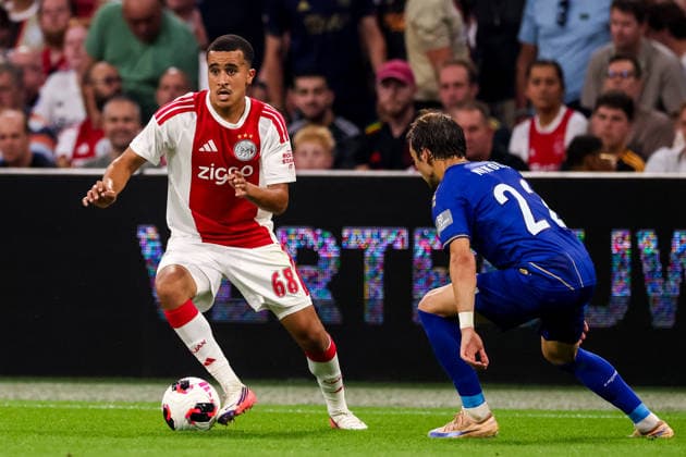 AMSTERDAM, NETHERLANDS - JULY 30: Abdellah Ouazane of AFC Ajax dribbles with the ball during the UEFA Conference League 2026 27 second qualifying round second leg match between AFC Ajax and at Johan Cruijff Arena on July 30, 2026 in Amsterdam, Netherlands.  Copyright: xRenexNijhuis MBxMediax