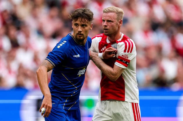 AMSTERDAM, NETHERLANDS - JULY 30: Njegos Petrovic of FK Vojvodina and Davy Klaassen of AFC Ajax wait for the ball to be passed during the UEFA Conference League 2026 27 second qualifying round second leg match between AFC Ajax and at Johan Cruijff Arena on July 30, 2026 in Amsterdam, Netherlands.  Copyright: xRenexNijhuis MBxMediax