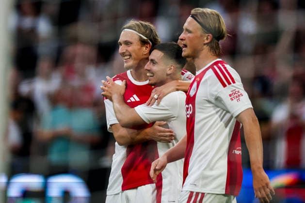 AMSTERDAM, NETHERLANDS - JULY 30: Mika Godts of AFC Ajax, Oscar Gloukh of AFC Ajax and Kasper Dolberg of AFC Ajax celebrate their team s second goal during the UEFA Conference League 2026 27 second qualifying round second leg match between AFC Ajax and at Johan Cruijff Arena on July 30, 2026 in Amsterdam, Netherlands.  Copyright: xRenexNijhuis MBxMediax