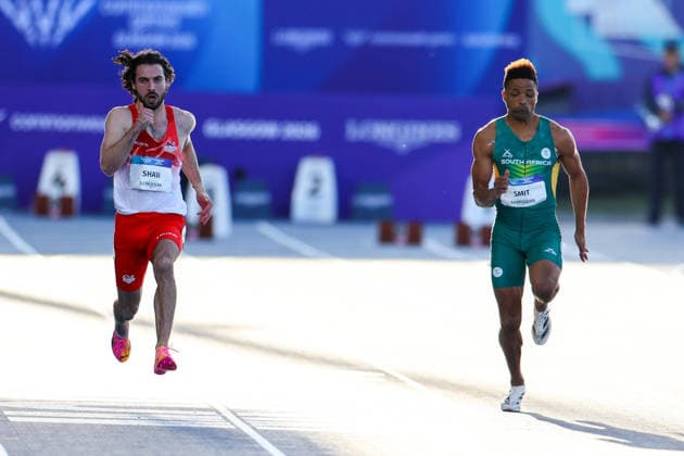 RECORD DATE NOT STATED 30th July 2026; Glasgow, Scotland; 2026 Commonwealth Games, Day Eight; Scotstoun Stadium Athletics, Mens 100m T12 Final, Zachary Shaw (ENG) left on his way to winning gold RogerxEvans