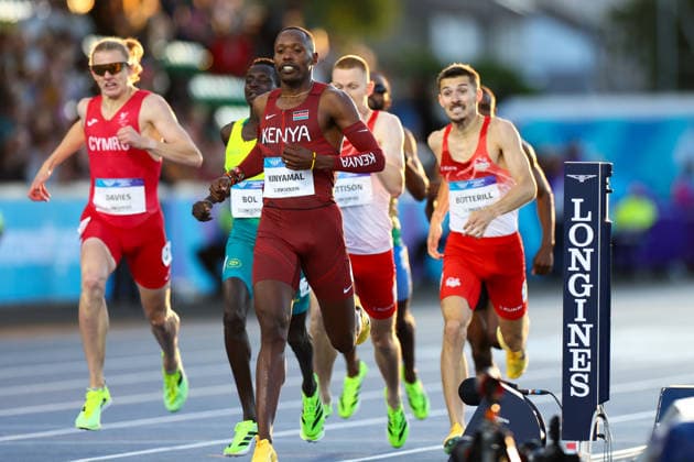 RECORD DATE NOT STATED 30th July 2026; Glasgow, Scotland; 2026 Commonwealth Games, Day Eight; Scotstoun Stadium Athletics, Mens 800m SF, Wyclife Kinyamal (KEN) wins the race from Peter Bol (AUS) and Alex Botterill (ENG) RogerxEvans