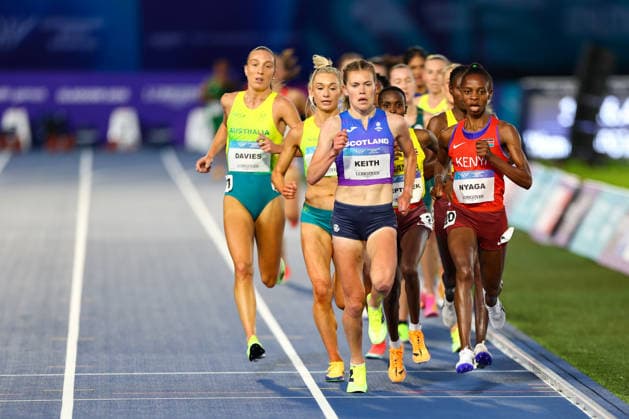 RECORD DATE NOT STATED 30th July 2026; Glasgow, Scotland; 2026 Commonwealth Games, Day Eight; Scotstoun Stadium Athletics, Womens 5000m, Megan Keith takes the lead in the latter stages of the race RogerxEvans