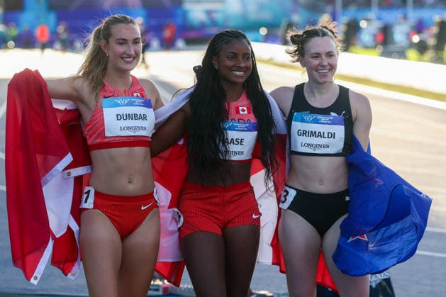 RECORD DATE NOT STATED 30th July 2026; Glasgow, Scotland; 2026 Commonwealth Games, Day Eight; Scotstoun Stadium Athletics, Womens 100m T47 Final, Sheriauna Haase (CAN) gold, Chloe Dunbar (CAN) silver, Anna Grilaldi (NZL) bronze RogerxEvans