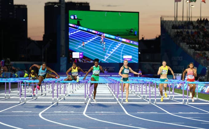 July 30, 2026, Glasgow, Scotland, Great Britain: (L-R) DEVYNNE CHARLTON of Bahamas, MEGAN SIMMONDS of Jamaica, TOBI AMUSAN of Nigeria, MARIONE FOURIE of South Africa, MICHELLE JENNEKE of Australia and TATIANA AHOLOU of Canada in the Athletics Women s 100m hurdles Final of the Commonwealth Games Glasgow 2026 at the Scotstoun Stadium in Glasgow, Scotland. Commowealth Games 2026: Athletics  - ZUMAc179 20260730_zep_c179_026 Copyright: xMickaelxChavetx