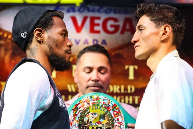 July 30, 2026: (L-R) Lightweights Lamont Roach Jr. and William Zepeda face-off on stage during the press conference, PK, Pressekonferenz for the Roach Jr. vs Zepeda event at the Skybox Lounge inside the Virgin Hotels on July 30, 2026 in Las Vegas, NV. CSM. Boxing 2026: Roach Jr. Vs Zepeda JUL 30  - ZUMAc04_ 20260730_zma_c04_099 Copyright: xChristopherxTrimx