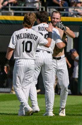 Chicago White Sox Tristan Peters (29) celebrates his walk-off-walk to defeat the New York Yankees eleven innings 2-1 at Rate Field in Chicago, IL on Thursday, July 30, 2026.  CHI20260730113 MARKxBLACK