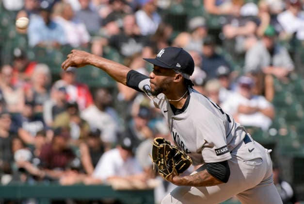 New York Yankees pitcher Angel Chivilli (57) throws against the Chicago White Sox during the tenth inning at Rate Field in Chicago, IL on Thursday, July 30, 2026. The White Sox defeated the Yankees 2-1.  CHI20260730132 MARKxBLACK
