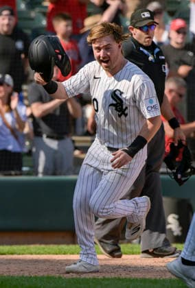 Chicago White Sox Chase Meidroth (10) celebrates scoring the winning run on a walk-off-walk by Tristan Peters to defeat the New York Yankees in eleven innings 2-1 at Rate Field in Chicago, IL on Thursday, July 30, 2026.  CHI20260730110 MARKxBLACK