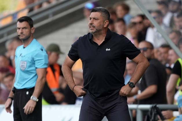 July 30, 2026, Riga, Latvia: Head coach of FCSB Elias Charalambous reacts during UEFA Europa Conference League qualifying round game between Latvian FK Auda and Romanian FCSB in Riga, Latvia, July 30, 2026. Photo: Roman Koksarov Latvia Sports - July 30, 2026  - ZUMAk209 20260730_zsp_k209_004 Copyright: xRomansxKoksarovx