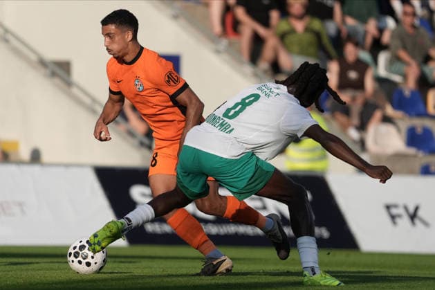 July 30, 2026, Riga, Latvia: Aymen Boutoutaou and Edvin BONGEMBA action during their UEFA Europa Conference League qualifying round game between Latvian FK Auda and Romanian FCSB in Riga, Latvia, July 30, 2026. Photo: Roman Koksarov Latvia Sports - July 30, 2026  - ZUMAk209 20260730_zsp_k209_016 Copyright: xRomansxKoksarovx