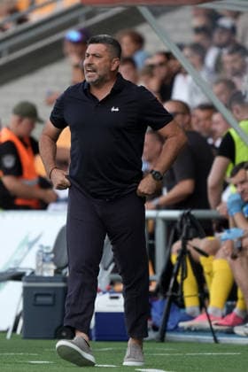 July 30, 2026, Riga, Latvia: Head coach of FCSB Elias Charalambous reacts during UEFA Europa Conference League qualifying round game between Latvian FK Auda and Romanian FCSB in Riga, Latvia, July 30, 2026. Photo: Roman Koksarov Latvia Sports - July 30, 2026  - ZUMAk209 20260730_zsp_k209_020 Copyright: xRomansxKoksarovx