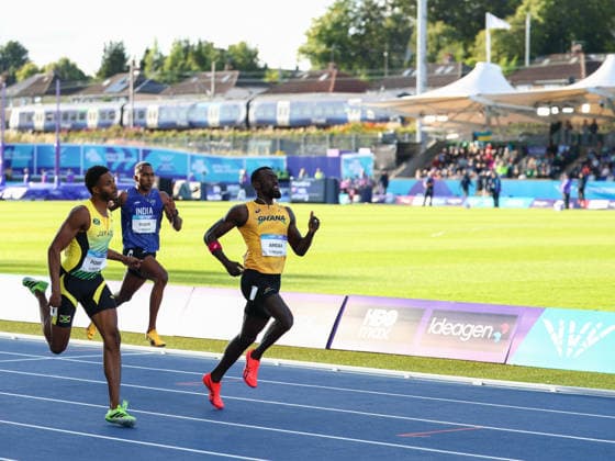 July 30, 2026, Glasgow, Scotland, Great Britain: JOSEPH PAUL AMOAH of Ghana and JEVAUGHN POWELL of Jamaica in the Athletics Men s 200m Semi Final of the Commonwealth Games Glasgow 2026 at the Scotstoun Stadium in Glasgow, Scotland. Glasgow Great Britain - ZUMAc179 20260730_zep_c179_072 Copyright: xMickaelxChavetx