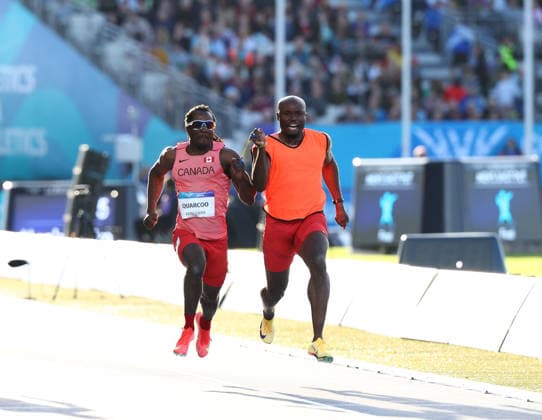 July 30, 2026, Glasgow, Scotland, Great Britain: GEORGE QUARCOO of Canada and his guide in the Athletics Men s 100m T12 Final of the Commonwealth Games Glasgow 2026 at the Scotstoun Stadium in Glasgow, Scotland. Glasgow Great Britain - ZUMAc179 20260730_zep_c179_119 Copyright: xMickaelxChavetx