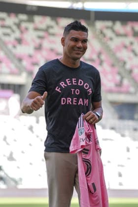 Casemiro reacts during his presentation as a new Inter Miami player at Nu Stadium in Miami, United States, 30 July 2026. Casemiro says he always dreamed of playing with Messi, after having to face him at Real Madrid !ACHTUNG: NUR REDAKTIONELLE NUTZUNG!  Copyright: xALBERTOxBOALx AMDEP9852 20260731-55021037657_1