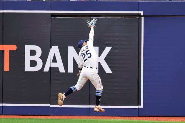 July 30, 2026, St. Petersburg, Florida, USA: Tampa Bay Rays right fielder Victor Mesa Jr. (25) catches a fly ball off the bat of Texas Rangers pinch hitter Evan Carter (32) during an MLB, Baseball Herren, USA game on July 30, 2026 at Tropicana Field. The Rays beat the Rangers 3-2 and won the series. St. Petersburg USA - ZUMAh180 20260730_zsp_h180_048 Copyright: xKimxHukarix