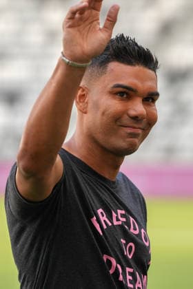 Casemiro reacts during his presentation as a new Inter Miami player at Nu Stadium in Miami, United States, 30 July 2026. Casemiro says he always dreamed of playing with Messi, after having to face him at Real Madrid !ACHTUNG: NUR REDAKTIONELLE NUTZUNG!  Copyright: xALBERTOxBOALx AMDEP9838 20260731-55021037659_1