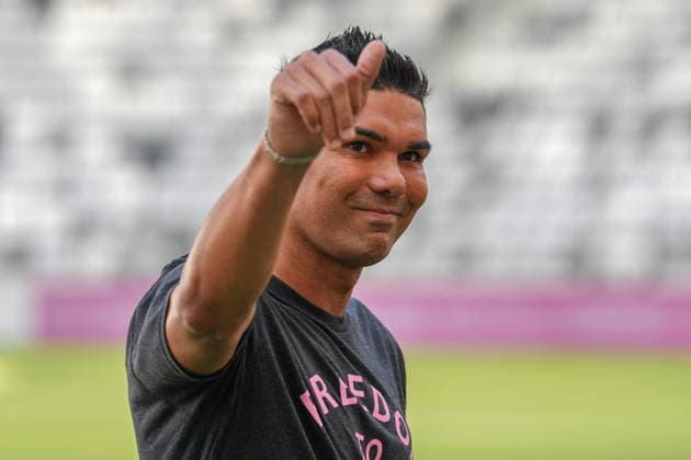 Casemiro reacts during his presentation as a new Inter Miami player at Nu Stadium in Miami, United States, 30 July 2026. Casemiro says he always dreamed of playing with Messi, after having to face him at Real Madrid !ACHTUNG: NUR REDAKTIONELLE NUTZUNG!  Copyright: xALBERTOxBOALx AMDEP9841 20260731-55021037660_1