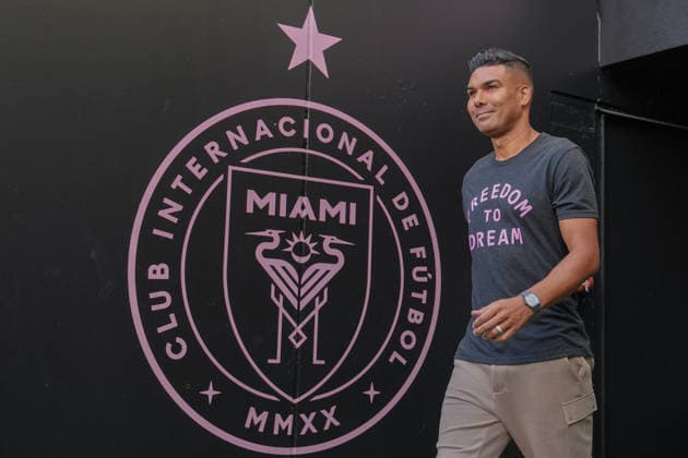 Casemiro reacts during his presentation as a new Inter Miami player at Nu Stadium in Miami, United States, 30 July 2026. Casemiro says he always dreamed of playing with Messi, after having to face him at Real Madrid !ACHTUNG: NUR REDAKTIONELLE NUTZUNG!  Copyright: xALBERTOxBOALx AMDEP9845 20260731-55021037661_1