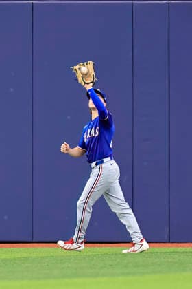 July 30, 2026, St. Petersburg, Florida, USA: Texas Rangers center fielder Cam Cauley (27) catches a fly ball off the bat of Tampa Bay Rays designated hitter Yandy DoÂ­az (2) during an MLB, Baseball Herren, USA game on July 30, 2026 at Tropicana Field. The Rays beat the Rangers 3-2 and won the series. St. Petersburg USA - ZUMAh180 20260730_zsp_h180_065 Copyright: xKimxHukarix