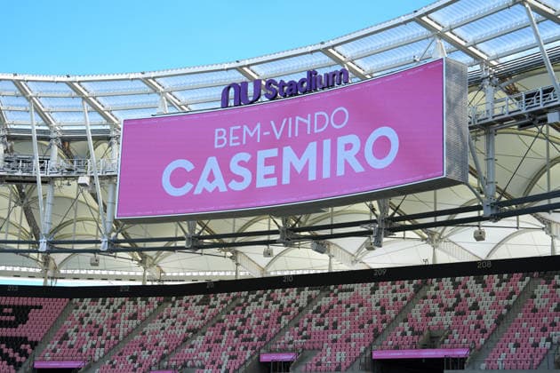 A photograph showing a billboard with Casemiro s name during his presentation as an Inter Miami player at Nu Stadium in Miami, United States, 30 July 2026. Casemiro says he always dreamed of playing with Messi, after having to face him at Real Madrid !ACHTUNG: NUR REDAKTIONELLE NUTZUNG!  Copyright: xALBERTOxBOALx AMDEP9848 20260731-55021037666_1