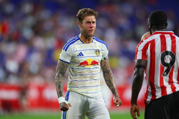 HARRISON, NJ - JULY 30: Joe Rodon 6 of Leeds United FC and Brian Brobbey 9 of Sunderland AFC have words during the game on July 30, 2026 at Sports Illustrated Stadium in Harrison, New Jersey. (Photo by Rich Graessle Icon Sportswire) SOCCER: JUL 30 Leeds United v Sunderland AFC EDITORIAL USE ONLY Icon260723029589