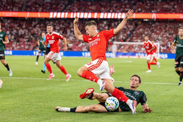 Benfica Vs St. Gallen in Lisbon - 30 Jul 2026 Samuel Dahl of Benfica and Hugo Vandermersch of St. Gallen seen in action during the UEFA Europa League match between Benfica and FC St. Gallen at Estádio da Luz. Final score; Benfica 5:0 St. Gallen. Lisbon Portugal Copyright: xNunoxBrancox xSOPAxImagesx NBR_BenficaVsGallen-25