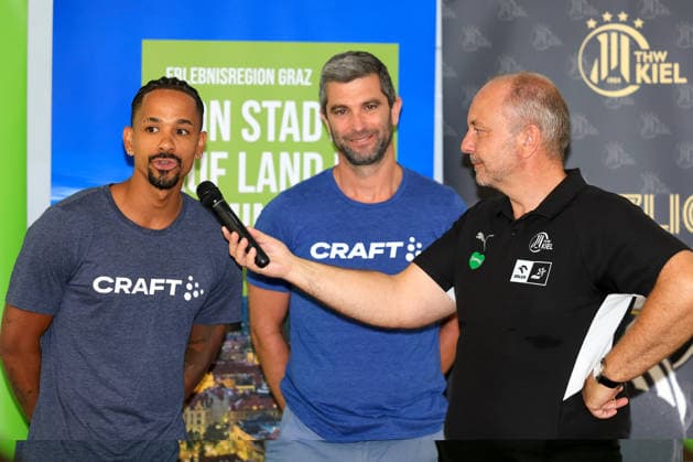 HANDBALL - HBL, Kiel, training camp GRAZ,AUSTRIA,31.JUL.26 - HANDBALL - HBL Handball-Bundesliga, THW Kiel, press conference, PK, Pressekonferenz Image shows assistant coach Raul Santos, head coach Benjamin Teras (BT Fuechse) and press officer Christian Robohm (Kiel).  GEPAxpictures xMarioxBuehner-Weinrauch
