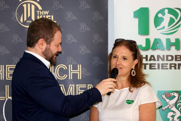HANDBALL - HBL, Kiel, training camp GRAZ,AUSTRIA,31.JUL.26 - HANDBALL - HBL Handball-Bundesliga, THW Kiel, press conference, PK, Pressekonferenz Image shows host Philipp Jocham and managing director Susanne Haubenhofer (Graz).  GEPAxpictures xMarioxBuehner-Weinrauch