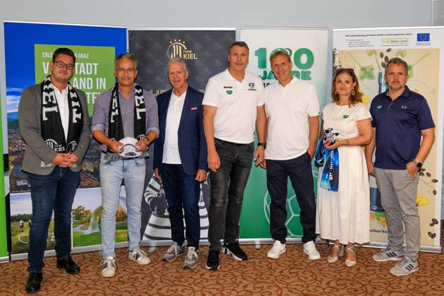 HANDBALL - HBL, Kiel, training camp GRAZ,AUSTRIA,31.JUL.26 - HANDBALL - HBL Handball-Bundesliga, THW Kiel, press conference, PK, Pressekonferenz Image shows member of state parliament Gerhard Hirschmann (Styria), sports councilor Kurt Hohensinner (TV Region Graz), president Gerhard Widmann (ASKOE), Dietmar Peissl (STHV), managing director Markus Pichler (Sportunion), managing director Susanne Haubenhofer (Graz) and managing director Michael Feiertag (Steiermark Tourismus).  GEPAxpictures xMarioxBuehner-Weinrauch