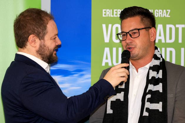 HANDBALL - HBL, Kiel, training camp GRAZ,AUSTRIA,31.JUL.26 - HANDBALL - HBL Handball-Bundesliga, THW Kiel, press conference, PK, Pressekonferenz Image shows host Philipp Jocham and member of state parliament Gerhard Hirschmann (Styria).  GEPAxpictures xMarioxBuehner-Weinrauch
