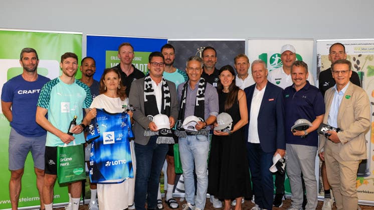 HANDBALL - HBL, Kiel, training camp GRAZ,AUSTRIA,31.JUL.26 - HANDBALL - HBL Handball-Bundesliga, THW Kiel, press conference, PK, Pressekonferenz Image shows head coach Benjamin Teras (BT Fuechse), Lukas Zerbe (Kiel), assistant coach Raul Santos (BT Fuechse), managing director Susanne Haubenhofer (Graz), head coach Boerge Lund (Kiel), member of state parliament Gerhard Hirschmann (Styria), Domagoj Duvnjak (Kiel), sports councilor Kurt Hohensinner (TV Region Graz), managing director Viktor Szilagyi (Kiel), Anna Schelling (Raiffeisen Sportpark), managing director Markus Pichler (Sportunion), president Gerhard Widmann (ASKOE), Dietmar Peissl (STHV), managing director Michael Feiertag (Steiermark Tourismus) and vice president Prettenthaler (STHV).  GEPAxpictures xMarioxBuehner-Weinrauch