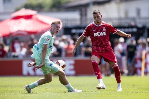 ST. JOHANN IN TIROL, AUSTRIA - JULY 31: Said El Mala (1. FC Koeln, 13) controls the ball against Julian Eitschberger (Hertha BSC Berlin, 2) during a friendly game between 1. FC Koeln vs. Hertha BSC Berlin at trainings camp of 1. FC Koeln in Kitzbuehel of season 2026 27 at Koasastadion on July 31, 2026 in St. Johann in Tirol, Austria. Austria Copyright: xSteffiexWunderlx