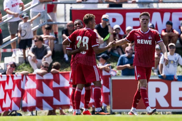 ST. JOHANN IN TIROL, AUSTRIA - JULY 31: Marius Buelter (Bülter, Bulter, 1. FC Koeln, 30) celebrates scoring the 2:1 goal with teammates during a friendly game between 1. FC Koeln vs. Hertha BSC Berlin at trainings camp of 1. FC Koeln in Kitzbuehel of season 2026 27 at Koasastadion on July 31, 2026 in St. Johann in Tirol, Austria. Austria Copyright: xSteffiexWunderlx