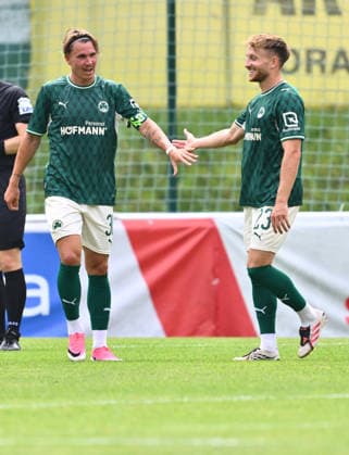 31.07.2026 - Fussball - Saison 2026 2027 - Testspiel Freundschaftsspiel Vorbereitungsspiel - SC Freiburg - SpVgg Greuther Fürth ( Kleeblatt ) - - Sportfoto Zink - xwoxzix - regulations prohibit any use of photographs as image sequences and or quasi-video - only for editorial use - Torjubel Jubel Freude nach Treffer Tor Torschuß zum 0:2 durch Felix Klaus (30, SpVgg Greuther Fürth ) - Felix Klaus (30, SpVgg Greuther Fürth ) Jannik Dehm ( 23, SpVgg Greuther Fürth ) *** July 31, 2026 Soccer Season 2026–2027 Exhibition Match Friendly Match Preseason Match SC Freiburg SpVgg Greuther Fürth Kleeblatt Sports Photo by Zink xwoxzix; regulations prohibit any use of photographs as image sequences and or quasi-video; for editorial use only Goal celebration Celebration, joy after a goal; shot on goal for the 0–2 by Felix Klaus (30), SpVgg Greuther Fürth; Felix Klaus (30), SpVgg Greuther Fürth; Jannik Dehm (23), SpVgg Greuther Fürth