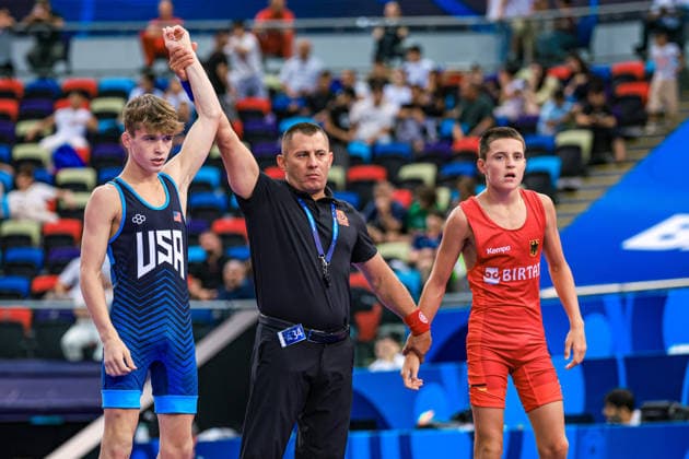 U17, U 17 Wrestling World Championships 48kg FS - Kooper Joshua Deputy (USA) df. Bogdan Sapojnic (GER) *** U17 Wrestling World Championships, 48 kg Freestyle: Kooper Joshua Deputy (USA) defeated Bogdan Sapojnic (GER) Copyright: xUnitedxWorldxWrestlingx xAmirrezx UWW-U17-WC-BAKU-2026