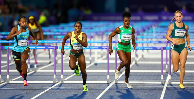 RECORD DATE NOT STATED 30th July 2026; Glasgow, Scotland; 2026 Commonwealth Games, Day Eight; Scotstoun Stadium, Womens 100m Hurdles, Devynne Charlton (BAH), MEgan Simmonds (JAM), Tobi Amusan (NGR), Marione Fourie (RSA) RogerxEvans