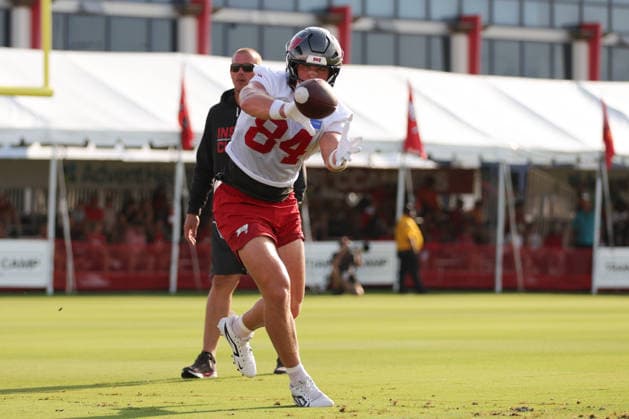 July 31, 2026: Tampa Bay Buccaneers tight end Bauer Sharp (84) during training camp at AdventHeath Training Center in Tampa, FL. Taylor McFee CSM Tampa USA - ZUMAc04_ 20260731_zma_c04_034 Copyright: xTaylorxMcfeex