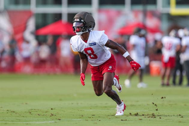July 31, 2026: Tampa Bay Buccaneers wide receiver Dean Patterson IV (8) during training camp at AdventHeath Training Center in Tampa, FL. Taylor McFee CSM Tampa USA - ZUMAc04_ 20260731_zma_c04_069 Copyright: xTaylorxMcfeex
