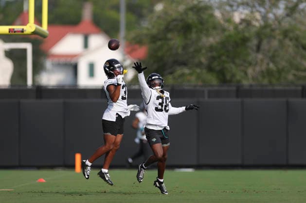 JACKSONVILLE, FL - JULY 31: Jacksonville Jaguars cornerback Jabbar Muhammad (37) and Jacksonville Jaguars cornerback Corey Ballentine (38) work on a drill during training camp on July 31, 2026 at the Miller Electric Center in Jacksonville, Fl. (Photo by David Rosenblum Icon Sportswire) NFL, American Football Herren, USA JUL 31 Jaguars Training Camp EDITORIAL USE ONLY Icon260731227474
