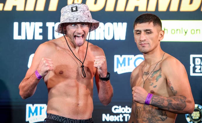 Sport Bilder des Tages Pierce O Leary vs Mark Chamberlain Ceremonial Weigh-In, The Button Factory, Dublin 31 7 2026 Sean McComb and Miguel Cesario Antin Sean McComb and Miguel Cesario Antin 31 7 2026  Copyright: xx AC013118