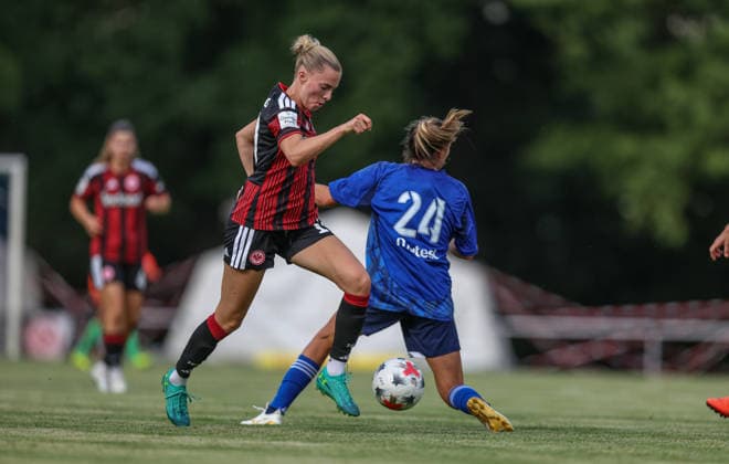 GER, Bad Nauheim, Eintracht Frankfurt vs Racing Strasbourg, Vorbereitung, Fussball, DFB, Spielzeit 2026 2027, Sportplatz Bad Nauheim, Testspiel im Bild: Laura Freigang (Eintracht Frankfurt Frauen 10) DFB DFL REGULATIONS PROHIBIT ANY USE OF PHOTOGRAPHS AS IMAGE SEQUENCES AND OR QUASI-VIDEO, 31.07.2026 *** GER, Bad Nauheim, Eintracht Frankfurt vs. Racing Strasbourg, Preseason, Soccer, DFB, 2026–2027 Season, Bad Nauheim Sports Field, Friendly Match Photo: Laura Freigang, Eintracht Frankfurt Women’s Team 10. DFB and DFL regulations prohibit any use of photographs as image sequences and or quasi-video. July 31, 2026 Copyright: HMBxMedia HendrikxHamelau