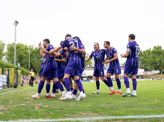 Fussball, Herren, Saison 2026 2027, Regionalliga Nordost (2. Spieltag), SV Tasmania Berlin - FC Erzgebirge Aue, v.l. Simon Skarlatidis (Aue), Stylianos Kokovas (Aue), Patrick Kapp (Aue), Tim Maciejewski (Aue), Nils Lihsek (Aue), Devin Angleberger (Aue), Bastian Strietzel (Aue), Marcel Bär (Aue), Jubel nach Tor zum 0:1, 31.07. 2026, *** Soccer, Men s, 2026–2027 Season, Northeast Regional League, Matchday 2, SV Tasmania Berlin vs. FC Erzgebirge Aue; from left: Simon Skarlatidis (Aue), Stylianos Kokovas (Aue), Patrick Kapp (Aue), Tim Maciejewski (Aue), Nils Lihsek (Aue), Devin Angleberger (Aue), Bastian Strietzel (Aue), Marcel Bär (Aue), Celebration after the 0–1 goal, July 31, 2026, Copyright: xSebastianxRäppold MatthiasxKochx